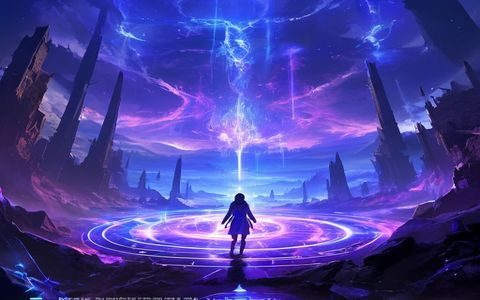 奇幻韩漫场景，主角站在魔法阵中心光芒四射，异世界宏大场景，蓝紫色调震撼画面