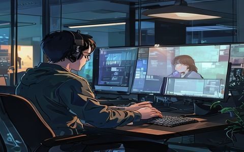 用户在电脑大屏幕上阅读韩漫大全漫画，宽屏双栏界面，办公室环境专注阅读